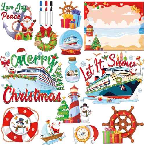 Christmas Cruise Door Magnets - 16 Pcs Cute Merry Xmas Ship Cabin Decorations Magnetic Stickers Anchor Stateroom Snowman Santa Decal Decor with Pens for Whiteboard Fridge Party Car Gifts