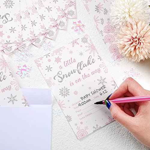 25 Sets Snowflake Baby Shower Invitations with Envelopes A Little Snowflake is on The Way Party Decorations Silver Pink Invitations for Christmas Winter Gender Reveal Party Supplies, 4 x 6 Inch