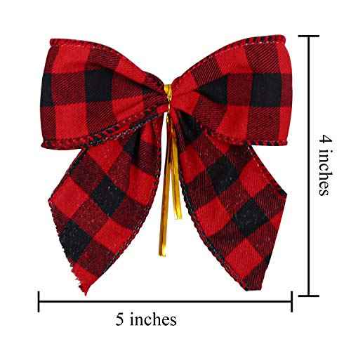 Aneco 16 Pieces Small Christmas Bows 5 x 4 Inches Red and Black Buffalo Plaid Bows Xmas Hanging Ribbon Bows for Christmas Tree Home Decor