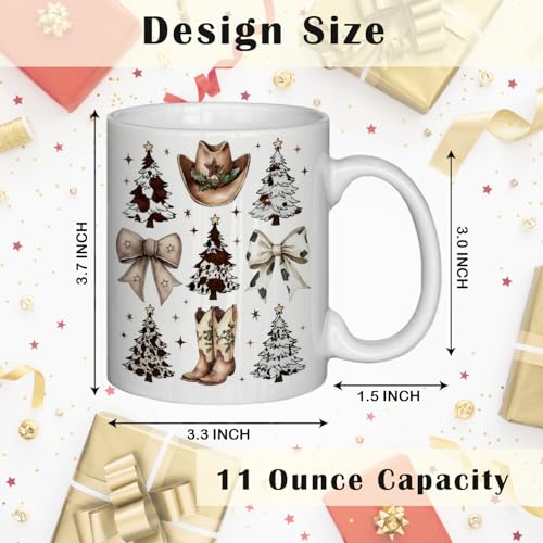 JINYO Coquette Christmas Western Mug - Cow Print Bow Christmas Tree Coffee Cup, Cowboy Hat 11 oz (Christmas Coffee Mug-j)