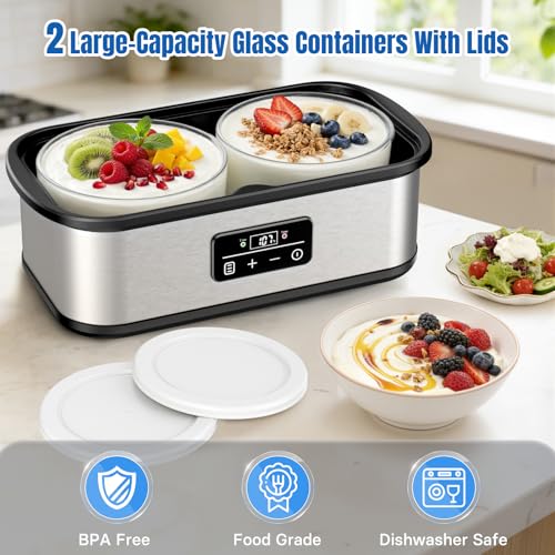 Probiotic Yogurt Maker with 1-48 Hour Timer & Temp Control - Two Glass Bowls