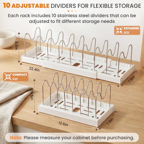 White Expandable Pot Lid Organizer with 10 Adjustable Stainless Steel Dividers - 2 Pack