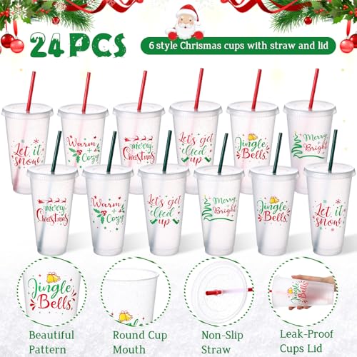 Funnymoom Christmas Plastic Cups with Lids and Straws, 24oz, Red & Green, 24 Pack