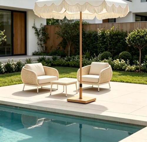 Heavy Duty 45lbs Patio Umbrella Base Stand with Teak Finish - Wind-Resistant Outdoor Support
