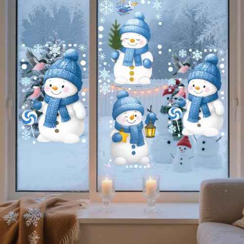 Christmas Window Stickers Cute Snowman Snowflake Window Clings Decals Reusable Double Sided Static Clings Window Clings for Glass Windows for Winter Christmas Decorations 4 Sheet