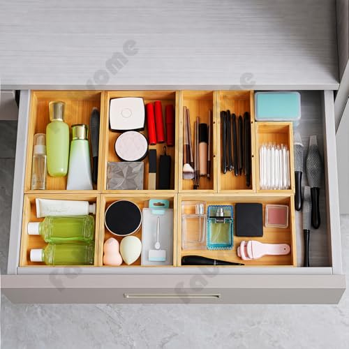 Fabsome Bamboo Drawer Organizer Set of 9 - 2''H Small Wooden Storage Bins for Kitchen, Bathroom, Office, Makeup, and Utensils