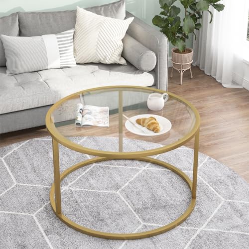 Glass Round Coffee Table - Clear 27-Inch Modern Center Table with Metal Frame