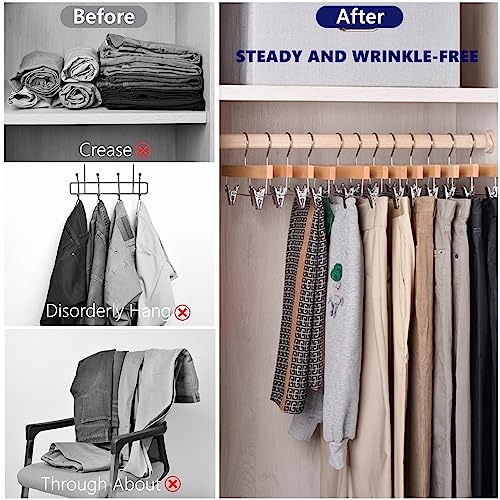 Amber Home 24 Pack Wooden Pants Hangers with Adjustable Clips, 14"