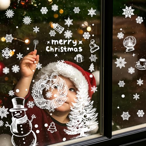 146 PCS White Christmas Window Clings for Glass, Double-Sided,