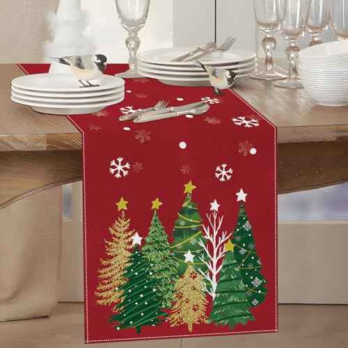 Christmas Table Runner 13x72 Inch, Red Snowflakes Pine Tree Table Decors for Seasonal Winter Xmas Holiday Home Kitchen Dining Party Indoor Outdoor