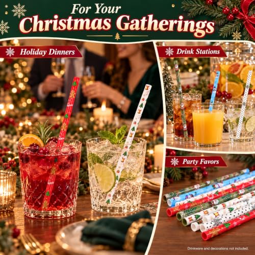Christmas Reusable Plastic Drinking Straws - 30 Pack, 9 Inch Hard Straws with Designs