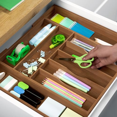 Brown Bamboo Expandable Kitchen Drawer Organizer - Silverware & Utensil Tray with Grooved Dividers, 9 Slots