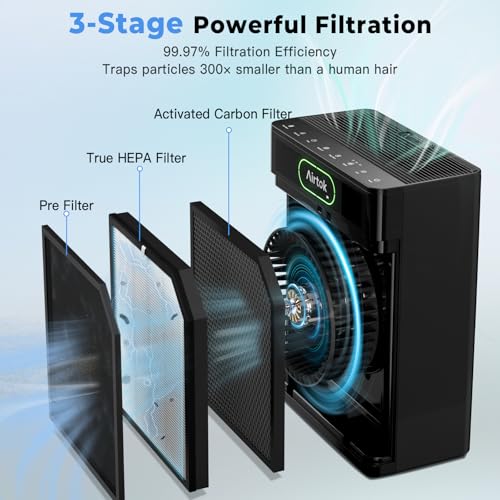 Airtok HEPA Air Purifier for Large Rooms Up to 1848 sq.ft - Black