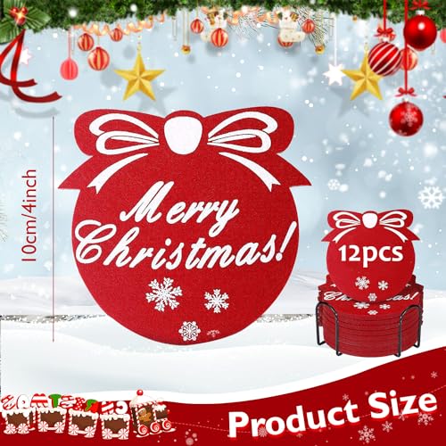 12 Pack Red Christmas Snowflake Felt Coasters - Absorbent Non-Slip 3.9in for Winter Holiday Decor