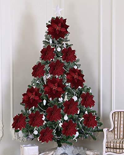 Vensovo 10 Inch Red Christmas Poinsettia Flowers - Set of 6 Holiday Floral Decorations