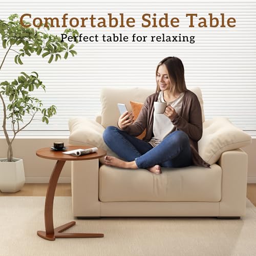 17-Inch Natural Wood C-Shaped Couch End Table - Slide Under Sofa, Rustic Finish
