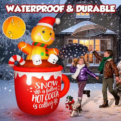 6FT Christmas Inflatable Gingerbread Man in Hot Cocoa Mug with LED Lights Outdoor Decor
