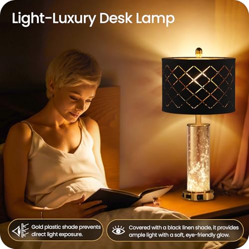 Modern Black 25.6" Set of 2 Bedside Table Lamps with USB & Nightlight - Gold Accent
