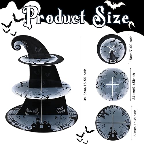 Zopeal 3-Tier Halloween Cupcake Stand (Classic) Cardboard Dessert Tower - Pumpkin, Bat & Witch Hat Theme