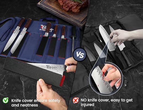 Blue Chef Knife Set with Roll Bag - 14-Piece Japanese Stainless Steel Kitchen Knives, Pakkawood Handles for Travel & Gift