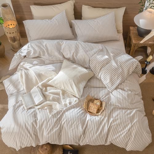 Cal King Striped Duvet Cover Set 100% Washed Cotton Linen-Like - Classic Tannish Grey & White