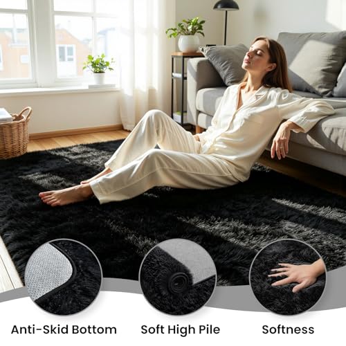 8x10 Fluffy Area Rug for Living Room: Soft Non-Slip Black Bedroom