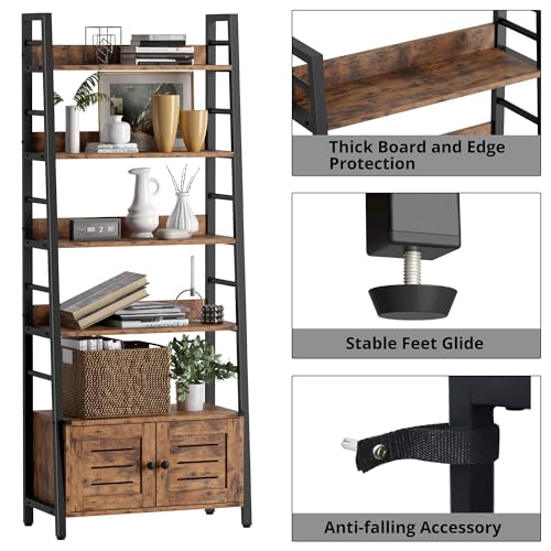 4-Tier Ladder Bookcase with Louvered Doors - Rustic Brown, Sturdy & Space-Saving