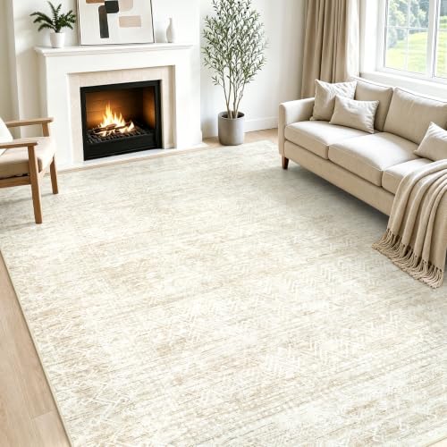 Beige 8x10 Area Rug - Washable Geometric Boho Rug for Living Room & Bedroom - Non-Slip Backing