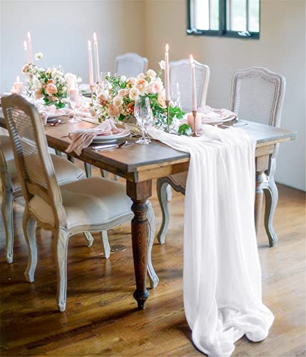 B-COOL 5 Pack 10Ft White Chiffon Table Runners for Weddings & Parties, 27x120 Inches