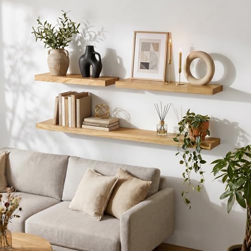 Natural Wood Floating Shelves 24 Inch Set of 2 - Wall Mount Storage