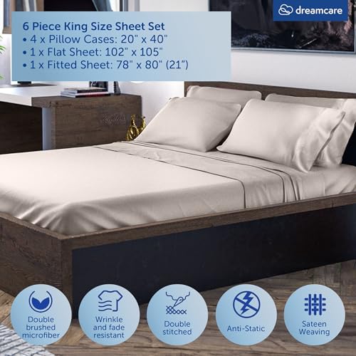 Beige King Size Extra Deep Pocket Bed Sheets Set - 6 Pcs Breathable Cooling Microfiber