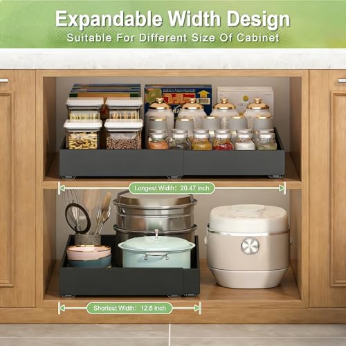 RUILALIFE Black 2-Pack Expandable Pull-Out Cabinet Organizers - No Drill, Slide Out Drawers, Adjustable Width 12.6-20.47 inches
