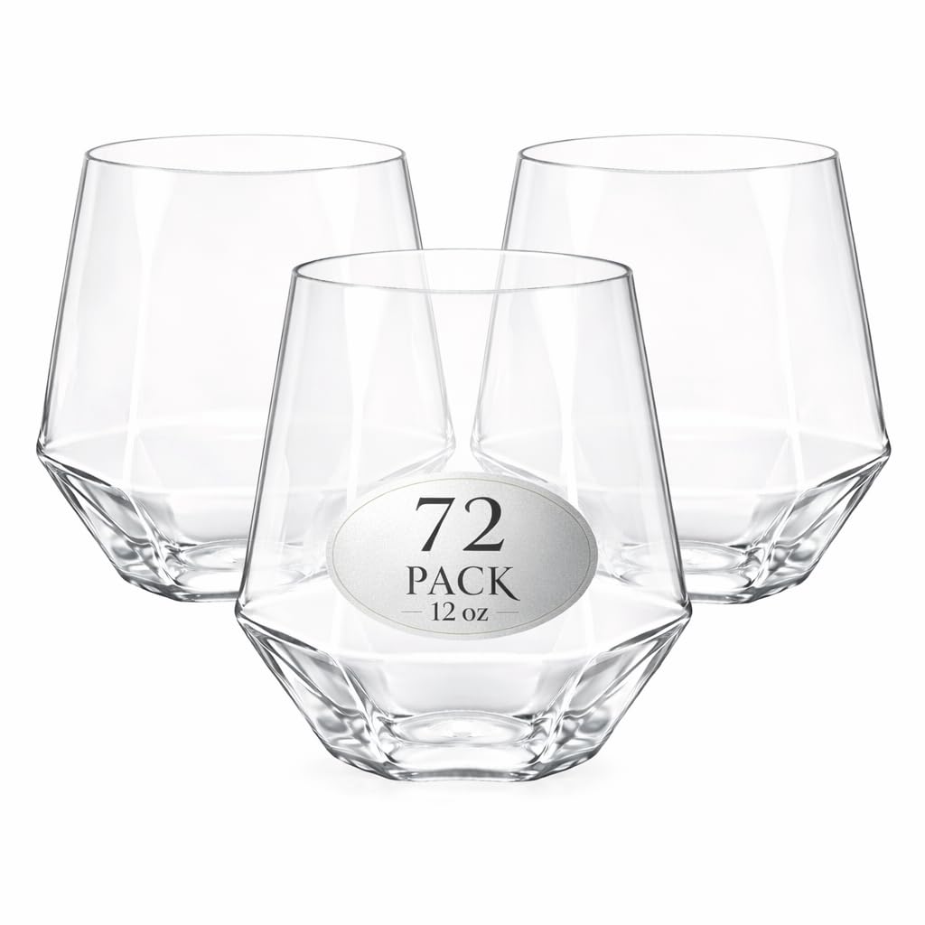 Lillian Clear Faceted Stemless Wine Tumbler, 12 oz – Unbreakable Disposable Plastic Cups for Weddings & Parties, 72 Pack