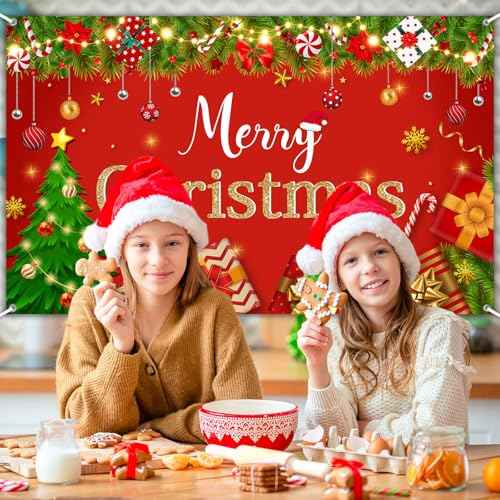 Avezano Merry Christmas Backdrop Red Merry Christmas Party Decorations Banner Merry Xmas Photography Backdrop for Winter New Year Xmas Eve Family Party Decoration Supplies (6x3.6ft)