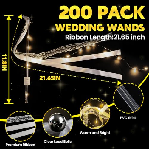 200PCS LED Wedding Wands with Ribbons & Bells - Reusable Fairy Sparkler Set