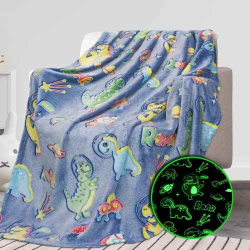 REXEO Glow in The Dark Blanket Dinosaur Gifts Toys for Boys Birthday Gifts for Kids 1 2 3 4 5 6 7 8 9 10 Year Old Kids Blanket Glowing Dinosaur Room Decor Blankets for Toddler