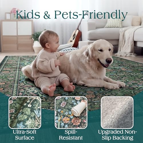 Dark Green Floral Oval Rug - 6x9 Boho Living Room Area Rug - Non-Slip, Machine Washable