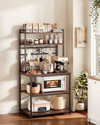 VEVOR 31.5 x 15.7 x 63.7 Inch Walnut Finish Kitchen Baker Rack with Hooks