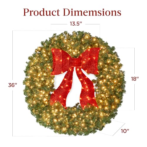 36in Artificial Fir Christmas Wreath with Red Lighted Bow & 150 LED Lights - Green Spruce