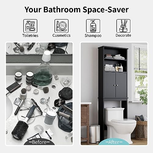 Over The Toilet Storage Cabinet - Bathroom Shelf with 2 Open Shelves & Door Cabinet - Black, Variation: 2 Open Shelves
