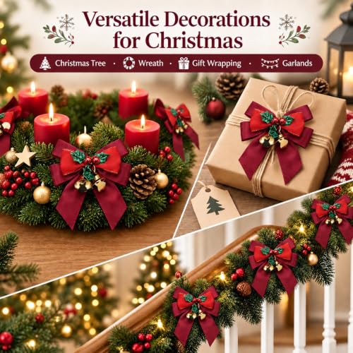 18 Pcs Christmas Bows Set with Jingle Bells for Tree Gift Wrapping & Decorations