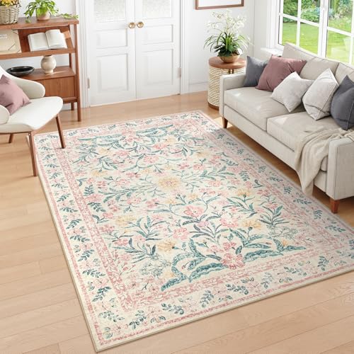 Wonnitar 6x9 Pink Floral Washable Area Rug for Bedroom & Nursery, Non-Slip Boho Carpet