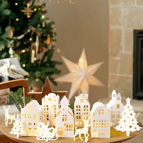 Christmas Village Houses Decor Set with Trees Reindeer Sleigh & Lights - Holiday Tabletop Display