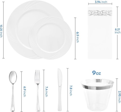 Elegant 350-Piece White Swirls Plastic Dinnerware Set by [Brand Name] | Perfect for 50 Guests, Weddings & Parties