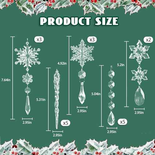 18 Pieces Christmas Ornaments for Christmas Tree Decorations - Clear Hanging Acrylic Snowflakes and Icicles with Pendants for Winter Wonderland Party Supplies, New Year Party DIY Decorations