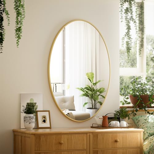 VooBang Gold Oval Bathroom Mirror, 24 x 32 inch Modern Oval Wall Mounted Vanity Mirror with Tempered Glass Hanging Horizontally or Vertically, Gold