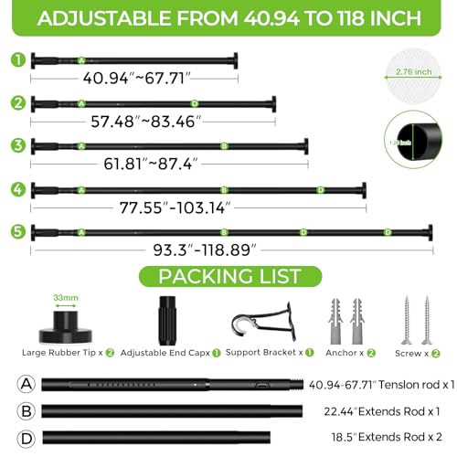 Heavy Duty Tension Curtain Rod No Drilling Black 41-118 Inch Adjustable