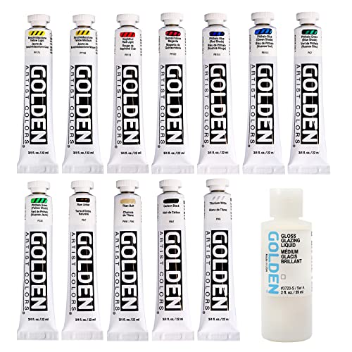 Golden Heavy Body Acrylic Paint Set 12 x 22ml Tubes + Glazing Liquid