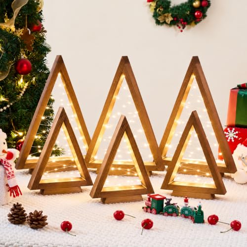 6 Pcs Wooden Christmas Tree with Lights Set - Charred Pine Tabletop Holiday Decor
