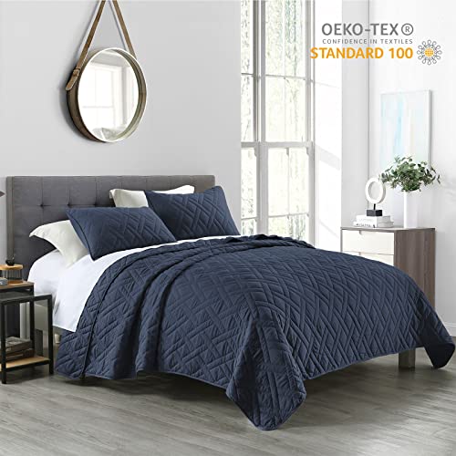 Dark Navy Blue King Quilt Set with Pillow Shams - Geometric Diamond Pattern, Ultra Soft All-Season Bedspread, 3 Pieces